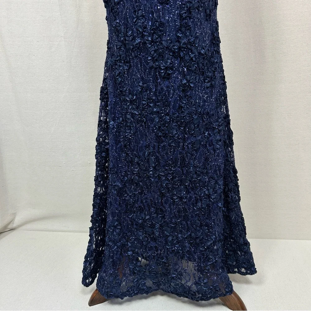 Xscape Navy Blue Rosette Sequin Lace Mermaid Off Shoulder Prom Gown Size 4 - Picture 5 of 10